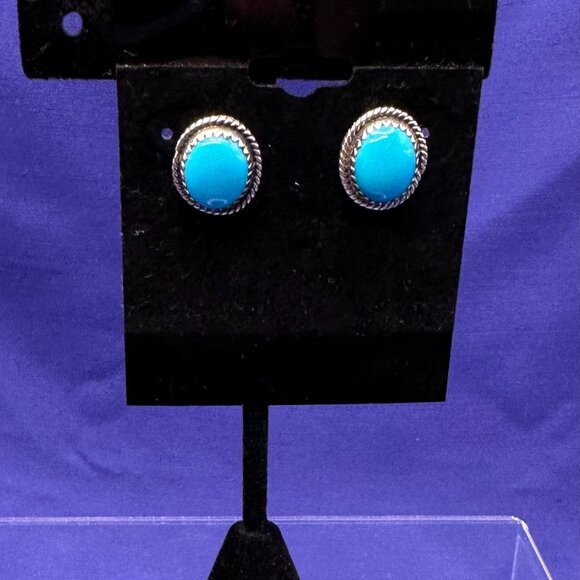 Sterling Silver & Turquoise Colored Cabochon Post Earrings - Picture 10 of 12